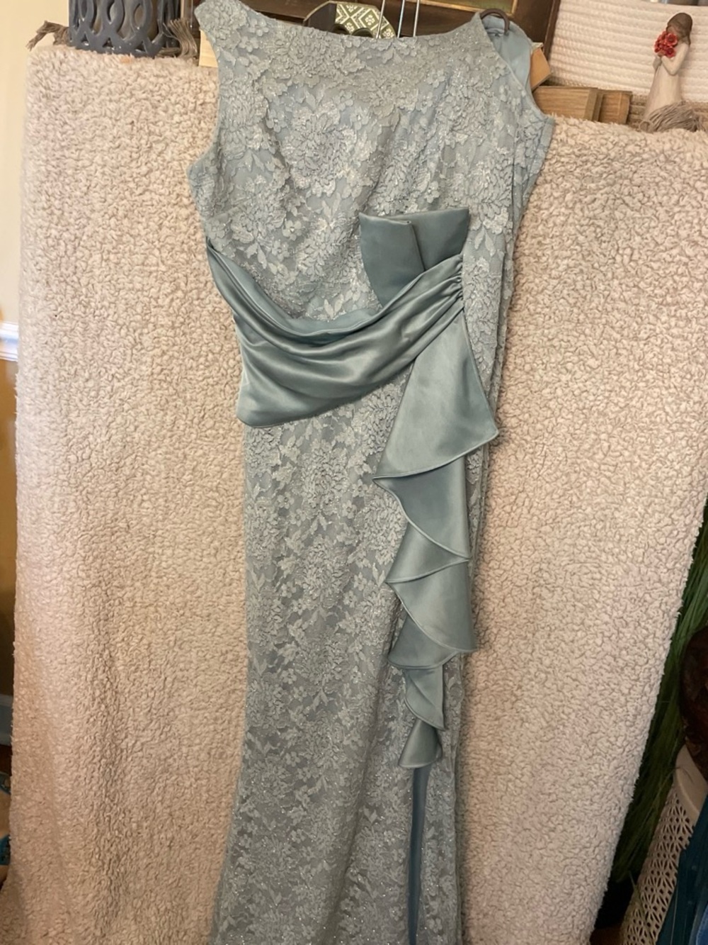Betsy & Adam Dusty Blue Lace Maxi Dress with Satin Ruffle